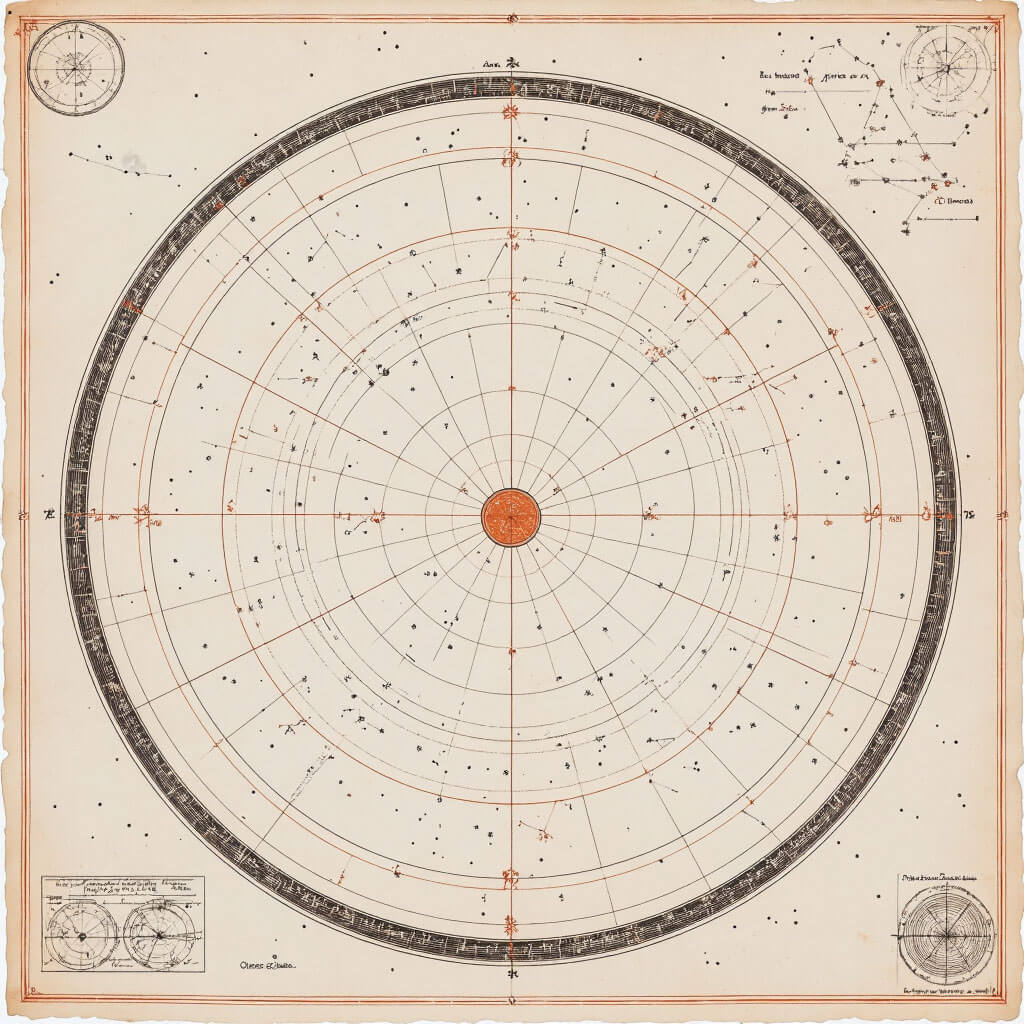 Osvícenská hvězdná mapa s vědecky přesnými souhvězdími, matematickými mřížkami a astronomickými symboly na kvalitním papíře s jemnými terakotovými linkami