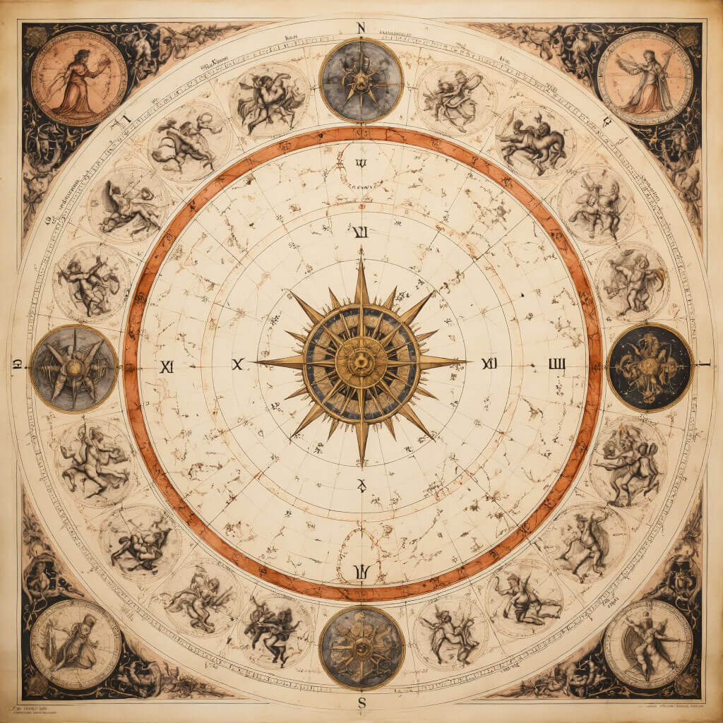 Renesanční hvězdná mapa s bohatými ilustracemi mytologických postav souhvězdí, zvěrokruh v centru, detailní perokresba na starém papíře s terakotovými akcenty