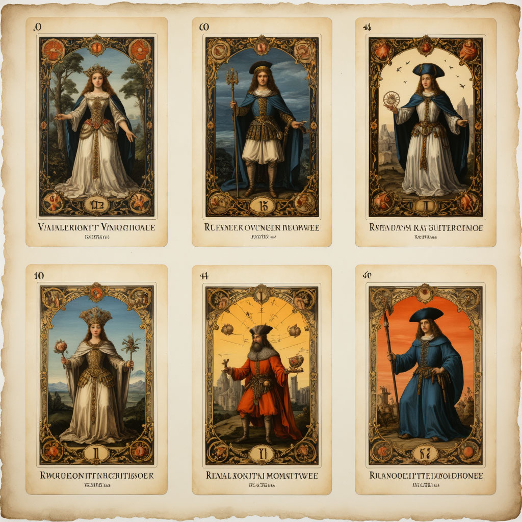 Koláž historických tarotových karet z různých epoch: Visconti-Sforza (15. stol.), Marseille (18. stol.), Rider-Waite (1910) a moderní akademická rekonstrukce na textuře starého papíru s terakotovými detaily